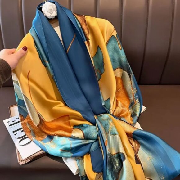 NEW Blue and Gold Ginkgo Leaf Print Mulberry Silk Wrap Scarf